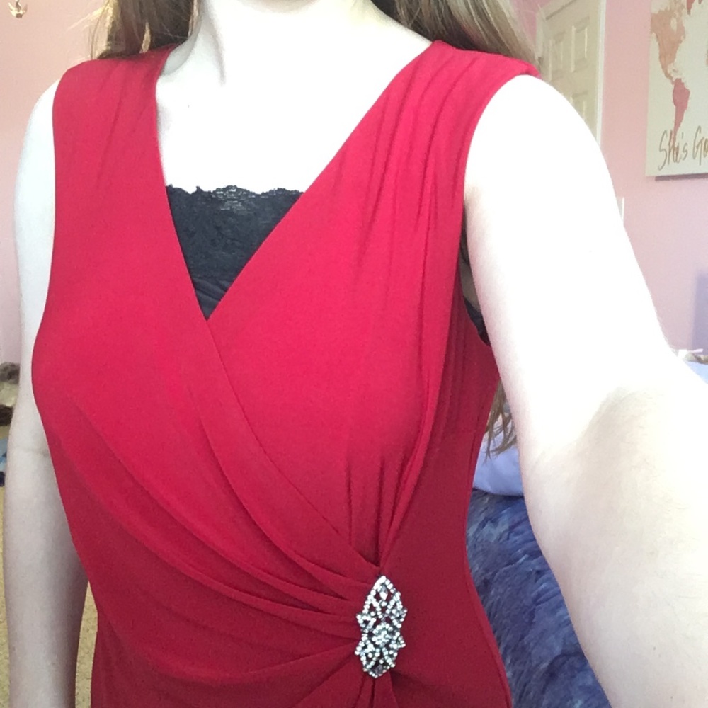 Formal Red Wrap Dress Floor Length Evening Prom Gown w/ Sparkly Accent